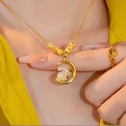 Real 18K GoldSmooth Moon Jade Rabbit Jade Pendant Neckalce for Women Engagement Birthday Wedding Chain Necklaces Jewelry Gifts
