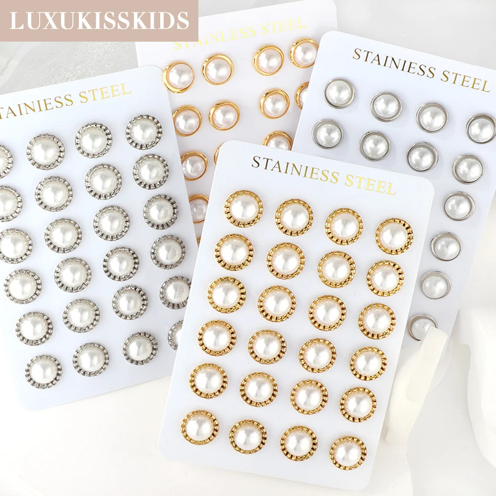 

LUXUKISSKIDS Imitation Half Pearl Wholesale 12Pairs/Lots Round Stud Earrings Romantic Elegant Fairy серьги For Women Wedding