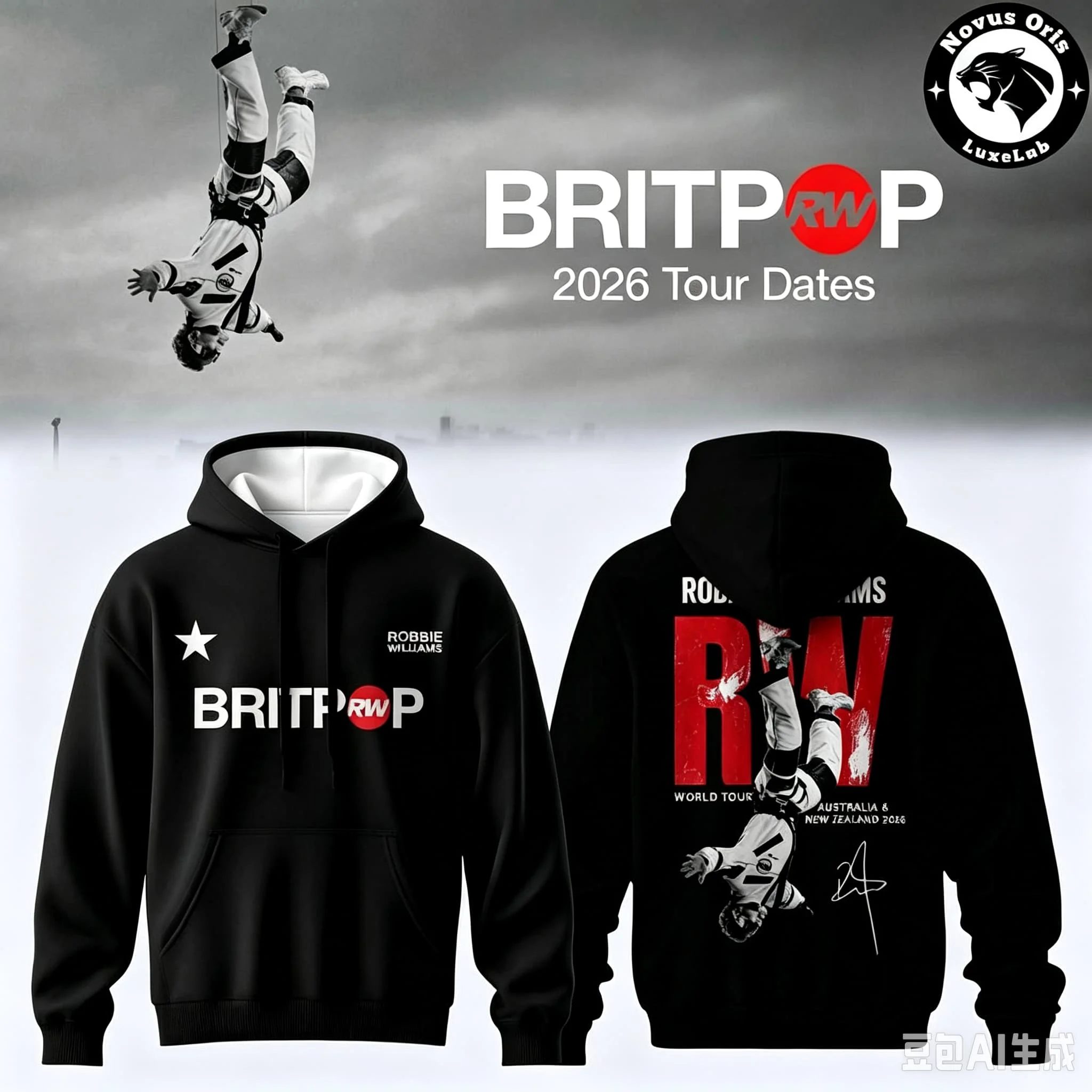 Robbie Williams Britpop 2026 World Tour Grafik-Print-Hoodie, Unisex, Pop-Rock-Pullover, Sweatshirt, Langarm, lässige Streetwear – Detail 3