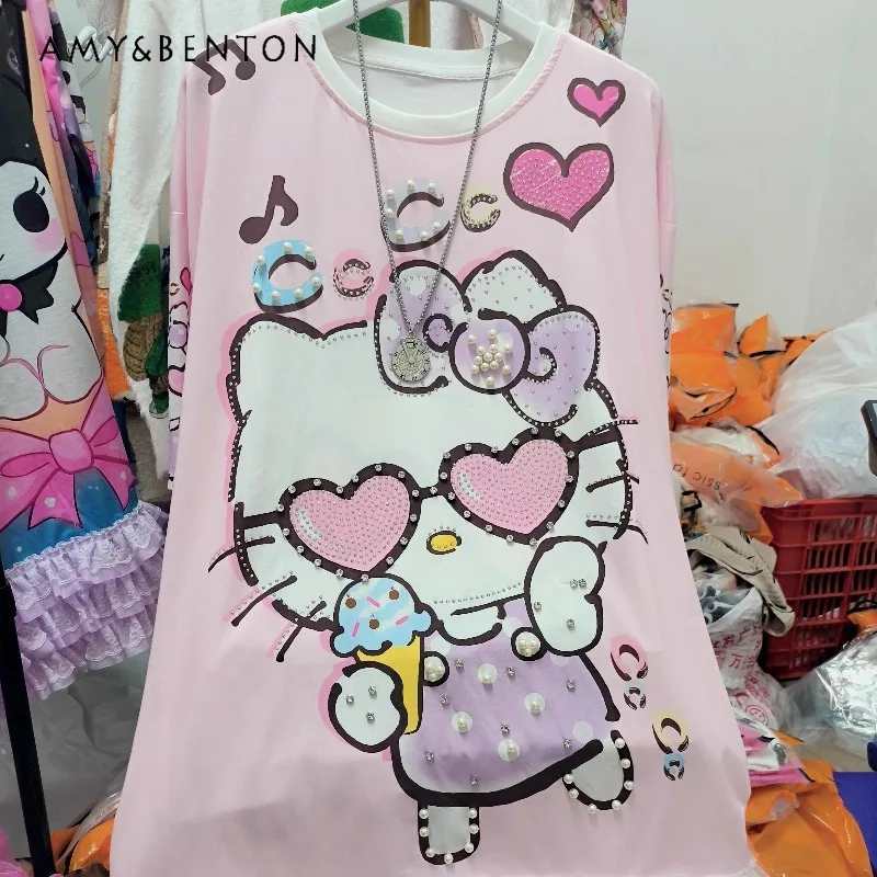 

Beautiful Cartoon Cat Print Short-sleeved T-shirt Women Summer Korean Style Loose Oversized Sweet Lace Hem Splicing Top Pullover