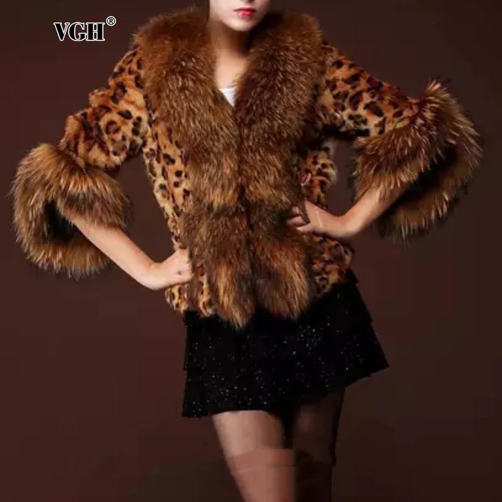 VGH Leopard Print Chic Design Sense Loose Coat For Women Mao Collar Long Sleeve Spliced Feather Coats Female Fashion Winter New