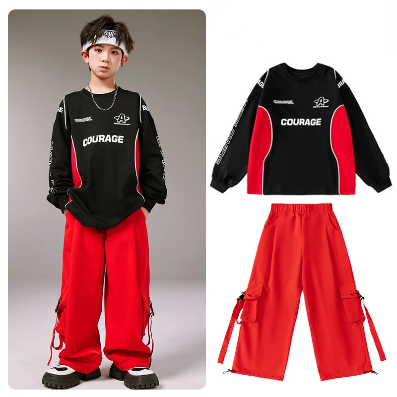 

Boys Hip Hop Casual Sweatshirt Red Cargo Pants Girls Street Dance Top Red Trousers Clothes Sets Group Streetwear Jazz Costumes