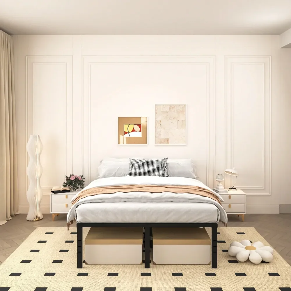 

14-дюймовая кровать с местом для хранения вещей, прочная основа для матраса, простая сборка, не требует пружинного блока, черная, размер Twin Full Qu.