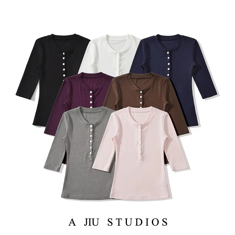 Ele Slim Fit Henry Collar f Sve Top Women أوائل الخريف مطاطا T irt قاعدة أساسية متعددة الاستخدامات irt Commute Sle Cot... #1