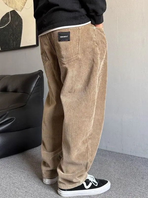 

Thiened Fce Waed Corduroy Work Pants Straight Leg Casual Trousers Retro Sle Men's Winter Faion Polyester Fiber