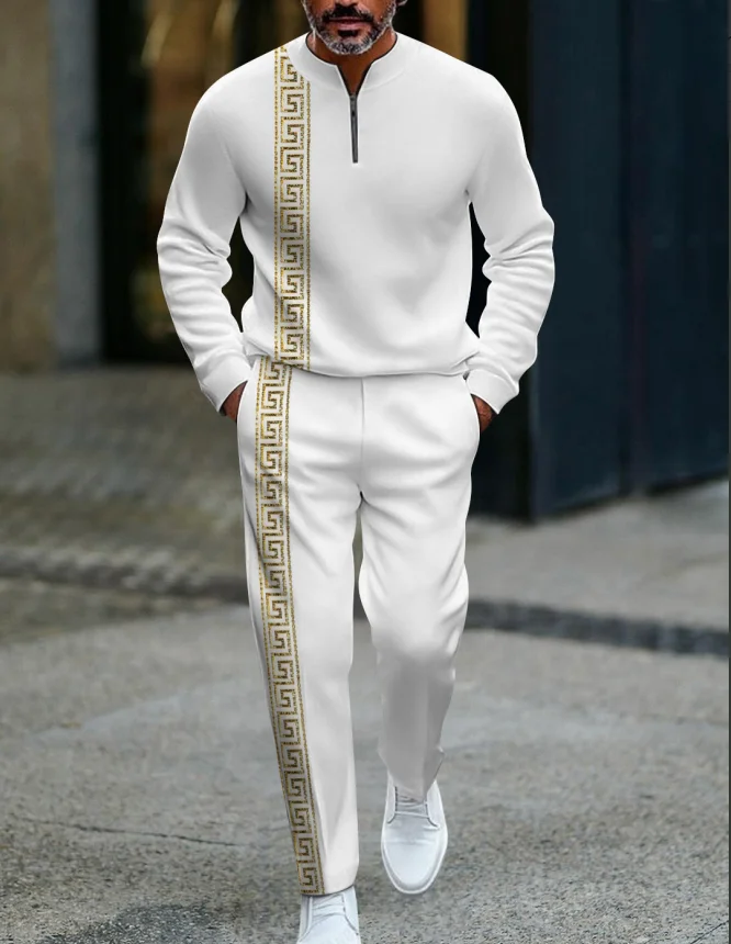 2025 nuevo conjunto de pantalones largos de manga larga con media cremallera y estampado 3D para hombre, traje informal de moda con cierre de cremallera y ajuste cómodo