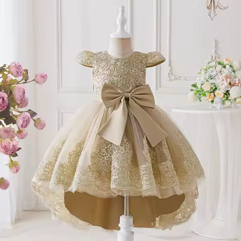 Elegant Embroidery Bow Bridesmaid Party Girls Dress Trailing Flower Wedding Birthday Princess Dresses Girl Evening Prom Vestidos