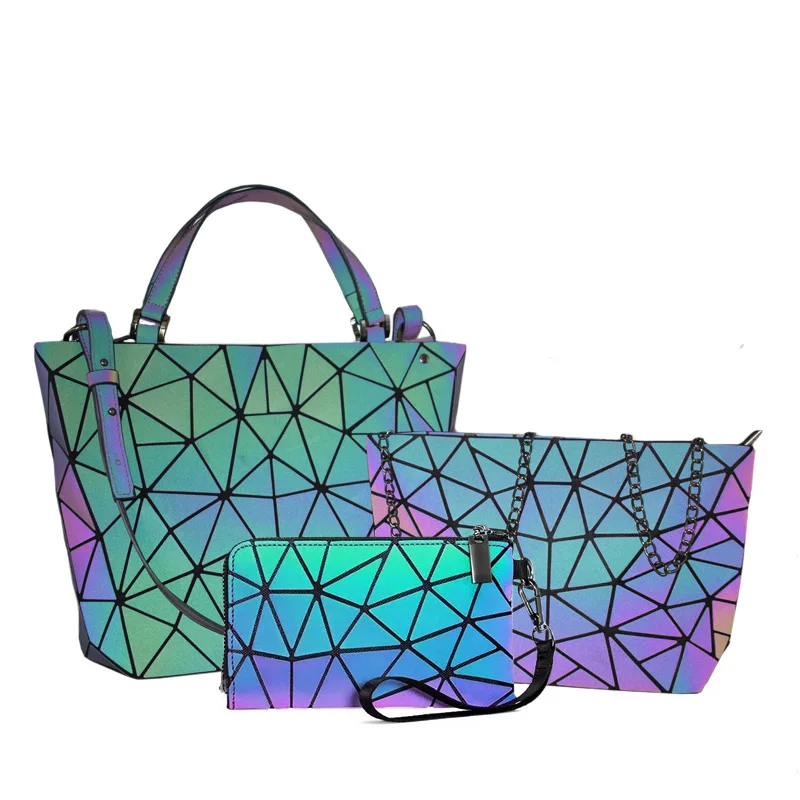 

New Women Handbag Totes Geometric Shoulder Bag Folding Crossbody Bag Purse 3Pcs Set Female Handbag For Ladies Luminous Bag