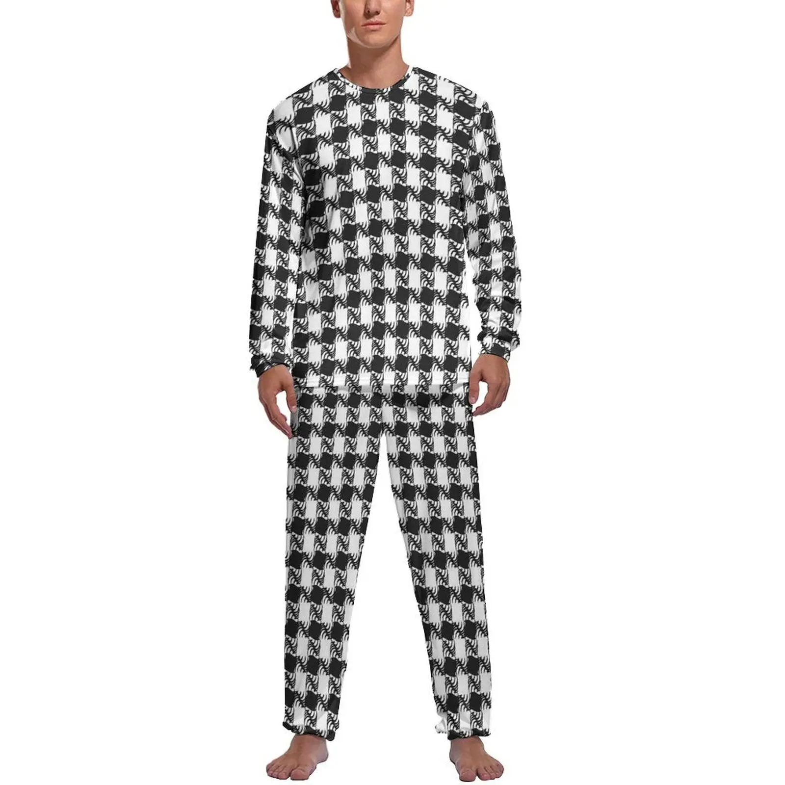 

Abstract Houndstooth Pajamas Long Sleeve Black White Plaid 2 Piece Casual Pajama Sets Daily Man Custom Soft Home Suit