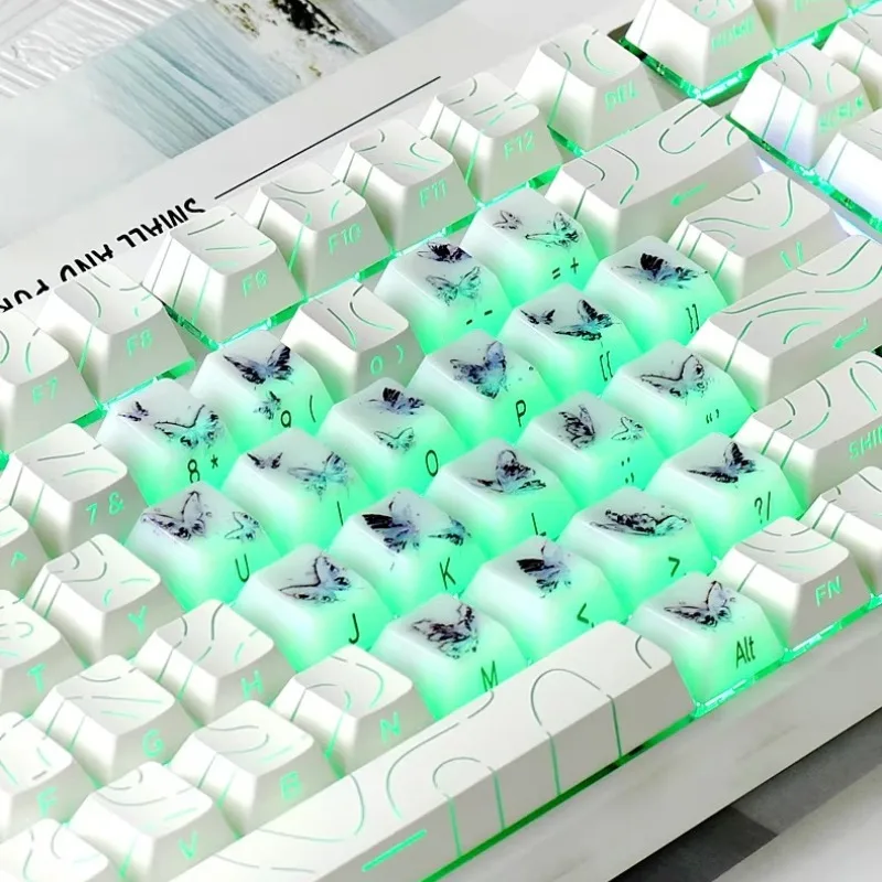 Jade Butterfly Theme Keycaps Set Customized PC Sublimation Cherry Profile Side Carving Mechanical Keyboard Key Caps Accessories