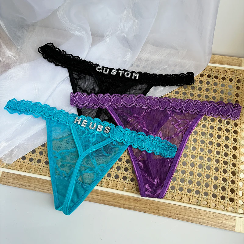 Personality Custom Name Crystal Letter Thong Sexy Lace Bikini Panties Low Waist Briefs Hot Sales G-String Wife Customized Gift image 3