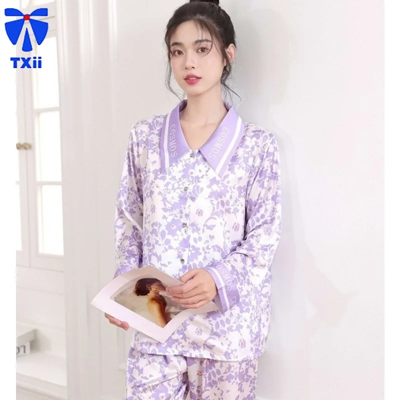 Viola Floral Fashion Style confortevole autunno nuovo pigiama donna Ice Silk Cool Leisure Home Clothes