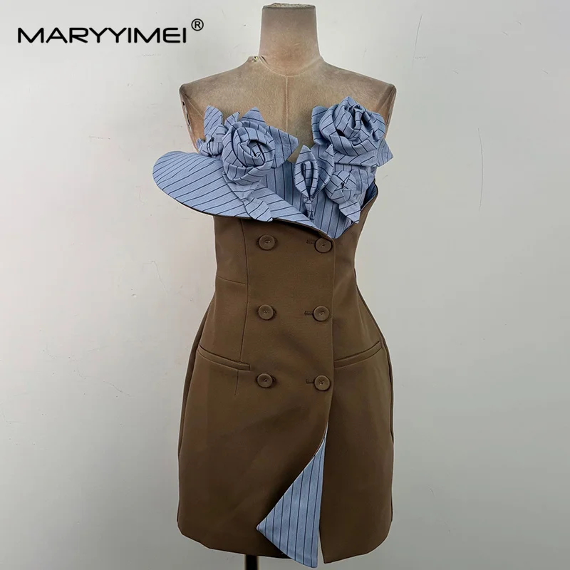 MARYYIMEI Stitching contrasting color flower ceremonial dress tube top waist short dress 2026 summer new women's clothing