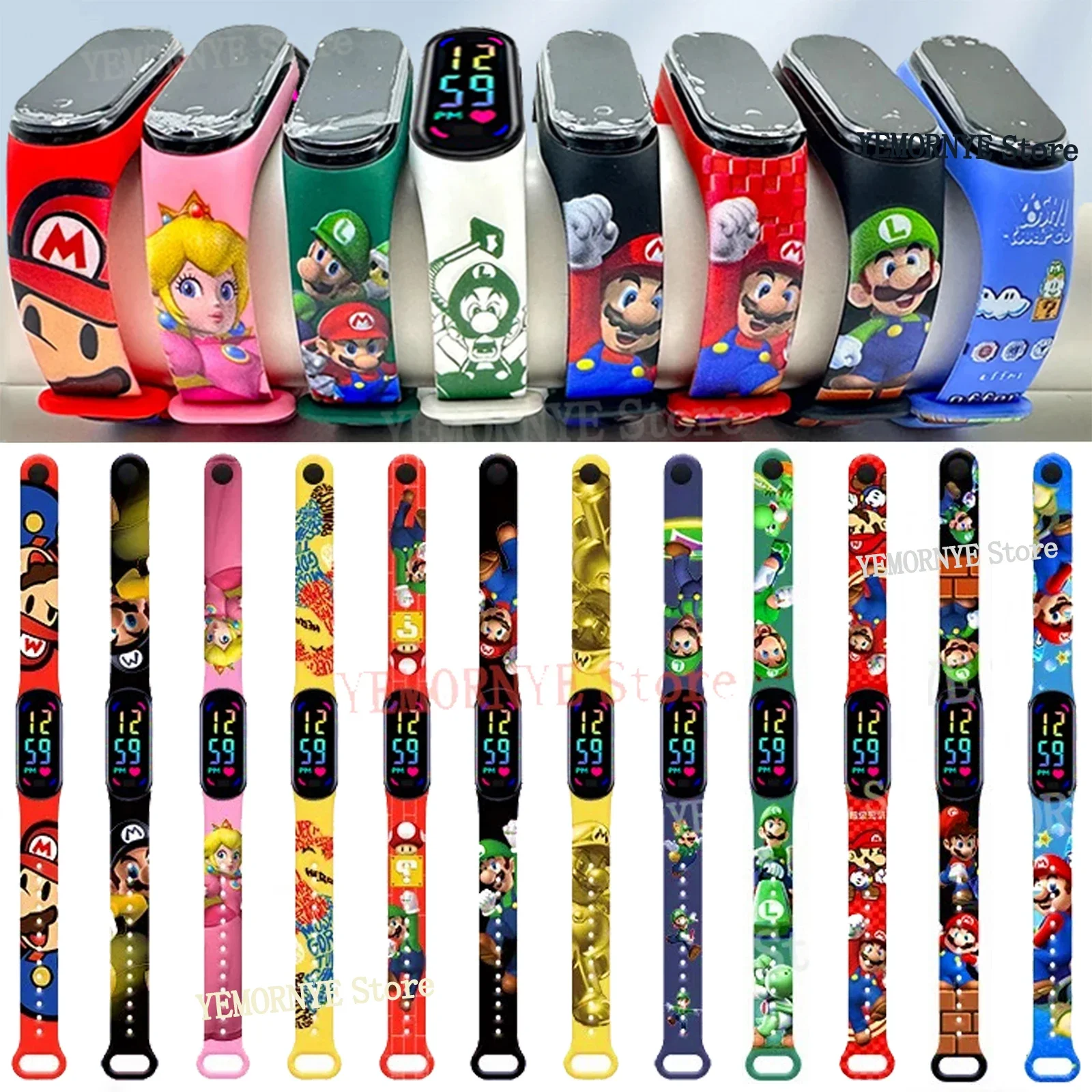 Children's Watches Mario Bros Luigi Action Figures Princess Peach Yoshi Bowser kids Sport Wristband Waterproof Digital Watch Toy