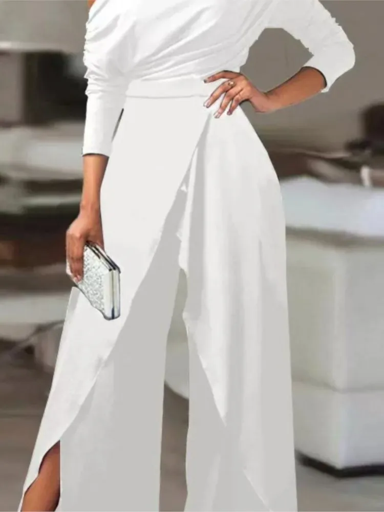 2026 New Off Shoulder Jumpsuit With Fashionable Asymmetrical Long Sleeves And Simple Daily Unique High Waist Wide Leg Jumpsuit view 5