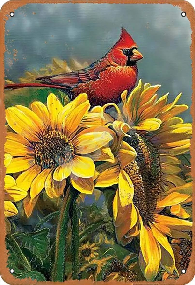 Retro Vintage Metal Plaque Sign Sunflower Cardinal and Bird for Home Garage Bar Kitchen Pub Wall Art Decor Signs 12x8inch sign