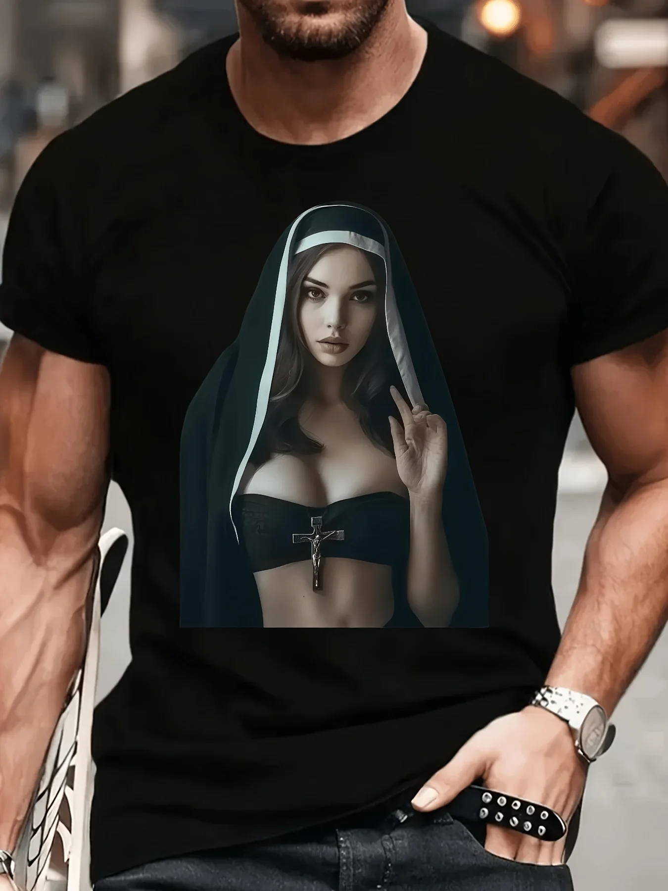 Men'S T-Shirt, Nun in Unique Attire Graphic Print, Gothic And Edgy Style, All Season, for Gothic Fans, Casual Outings, Home Comfort, Halloween Gift