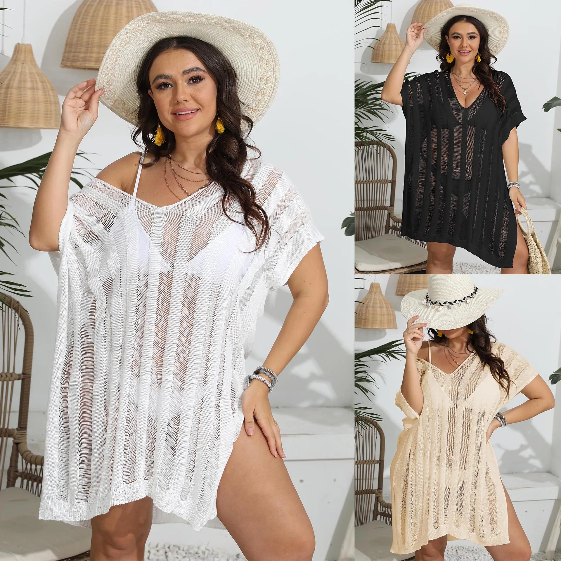 Vestido de playa de talla grande con rayas tejidas para mujer, traje de baño de talla grande con huecos, Túnica Sexy con escote en V profundo, Vestido de playa dividido en 3 colores