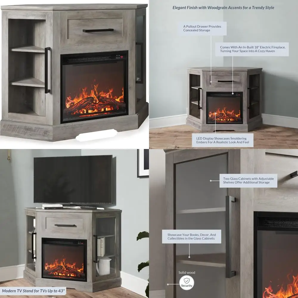 

Modern Corner TV Stand with Electric Fireplace, 18 Heater, Glass Door Entertainment Center for TVs up to 43