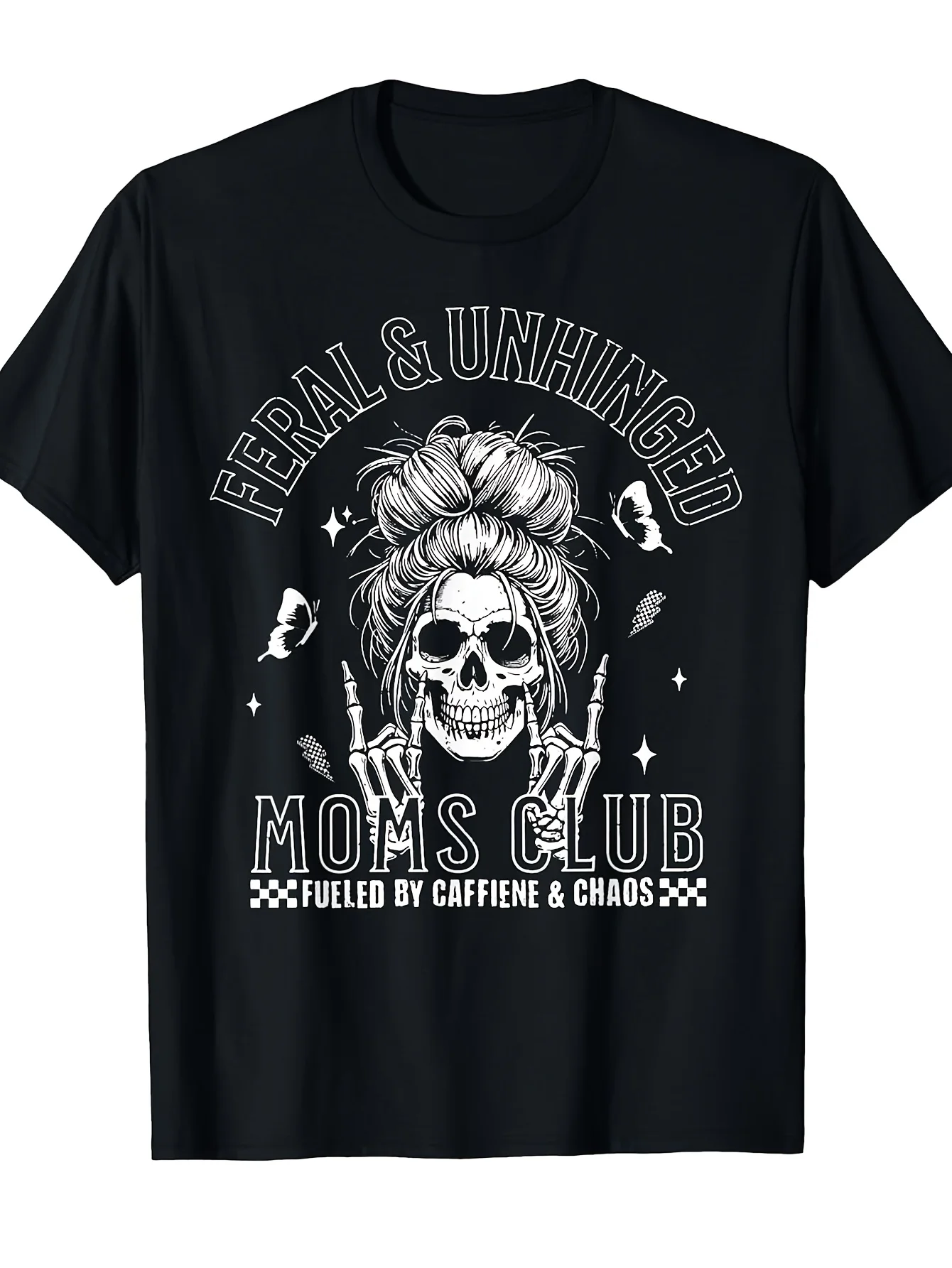 Fun and Wild Mom Club Printed T-Shirt - Unisex Soft and Loose Casual Short-Sleeve Shirt with Coffee Cup and Skull Designs and the Slogan 