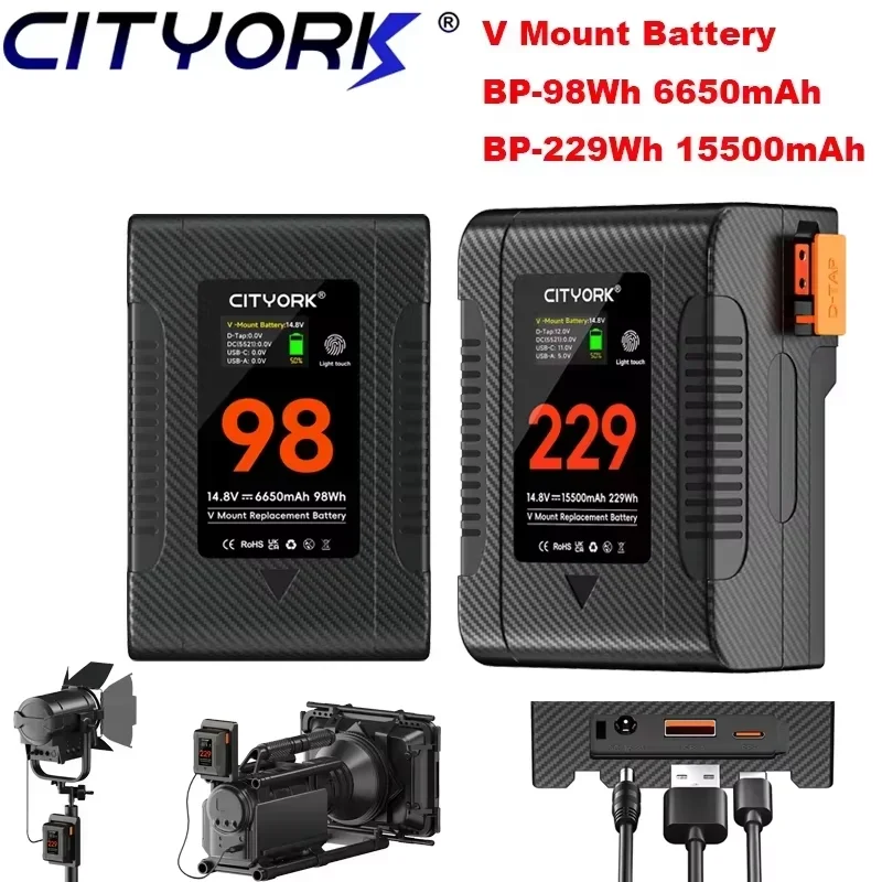 V Mount BP-98 Battery BP-229 V Lock battery for Canon R5C Camera BMPCC 6K Pro Camcorder Video Lights Large LED Lights, Monitors