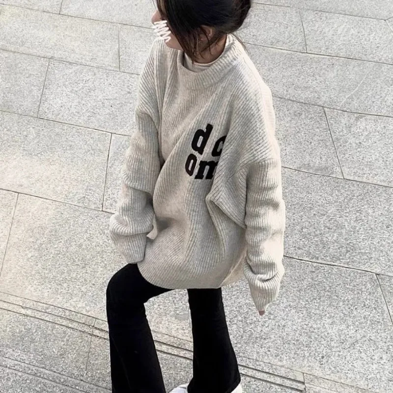 High Street Simple Letter Embroidery Sweaters Loose Oversized Gray Sweatshirt Pullover Winter Tops Korean Fashion Women Harajuku