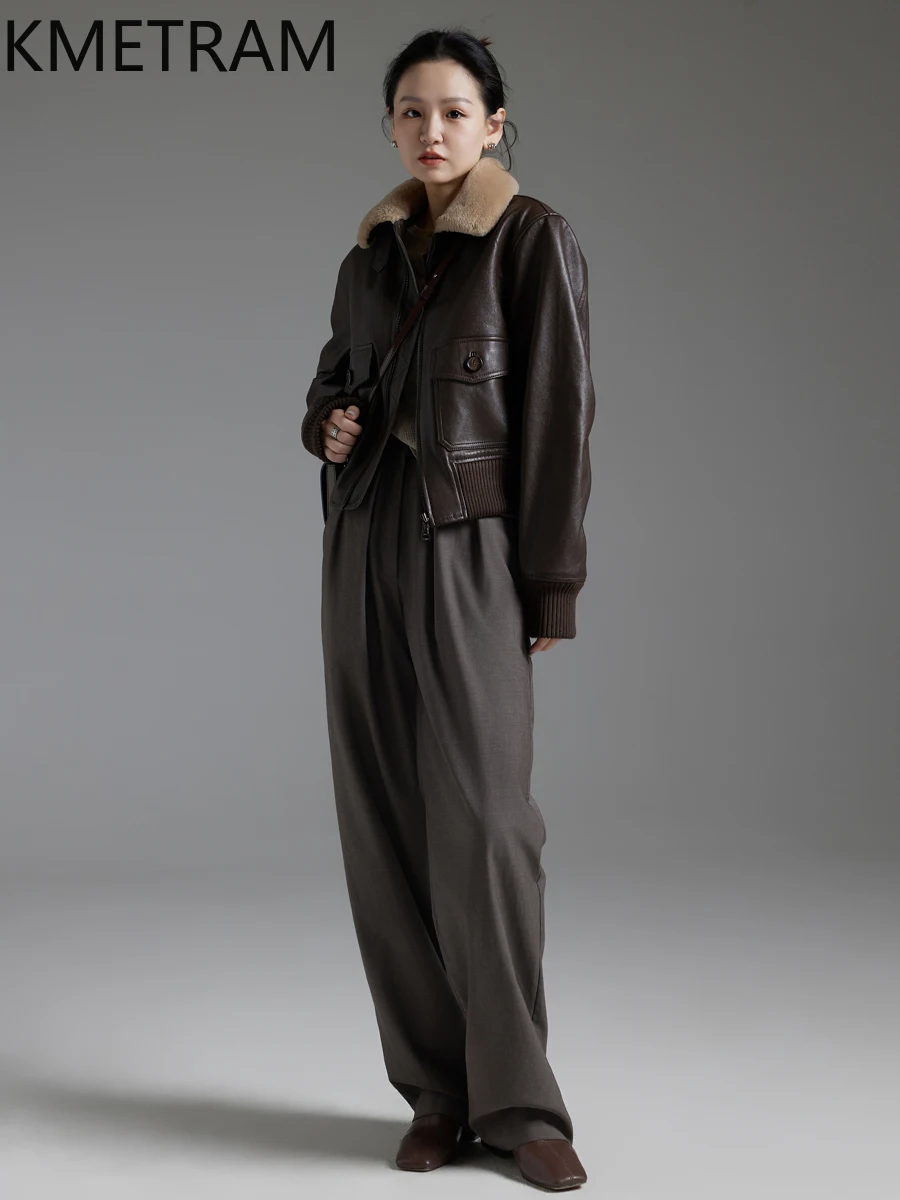 KMETRAM Natürliche Schaffell-Echtlederjacke für Damen mit Merino-Schaffell-Wollkragen, kurzer Baumwollmantel, 2025, Winterojuто