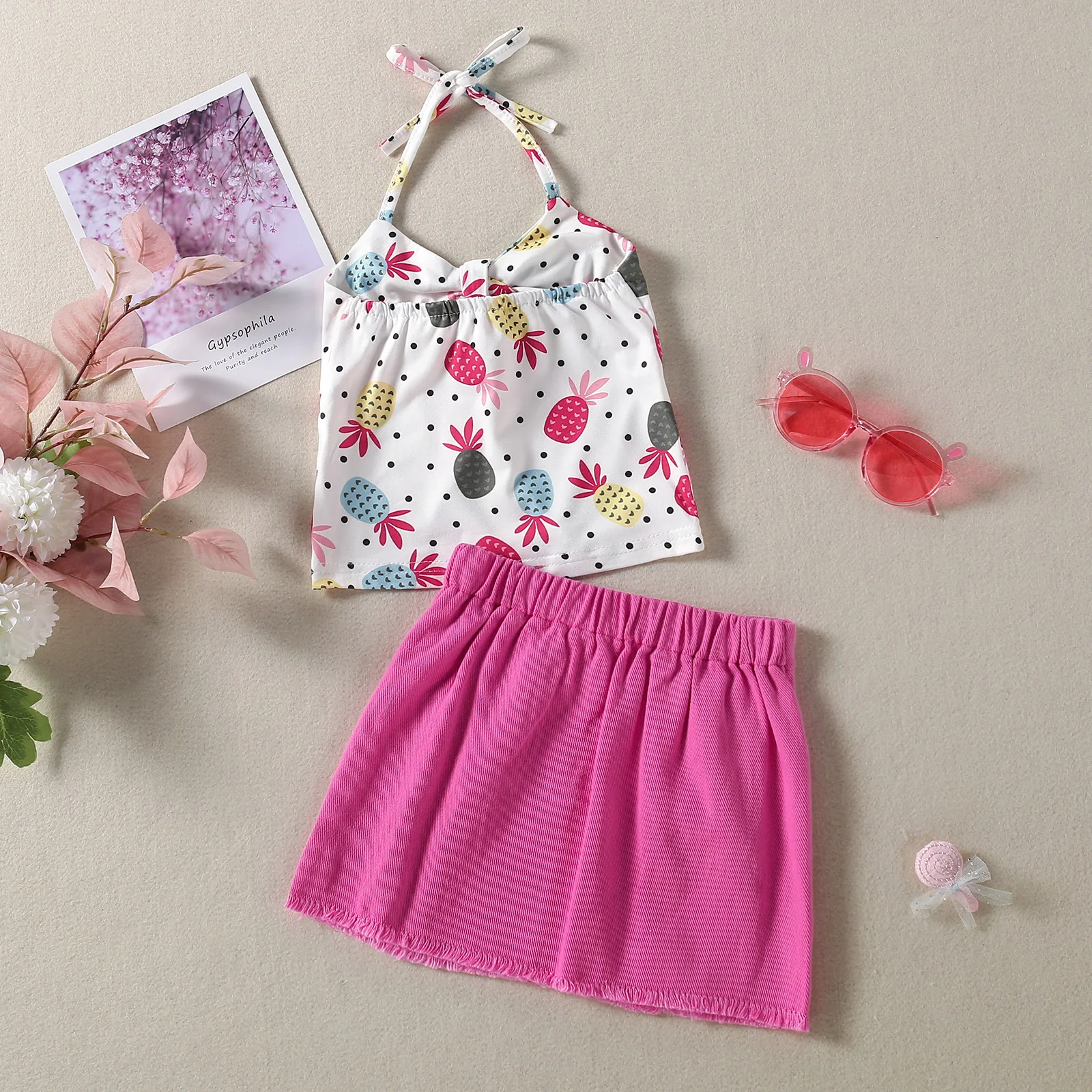 Summer girls' sleeveless suspender fruit print top and rose red denim skirt two-piece set