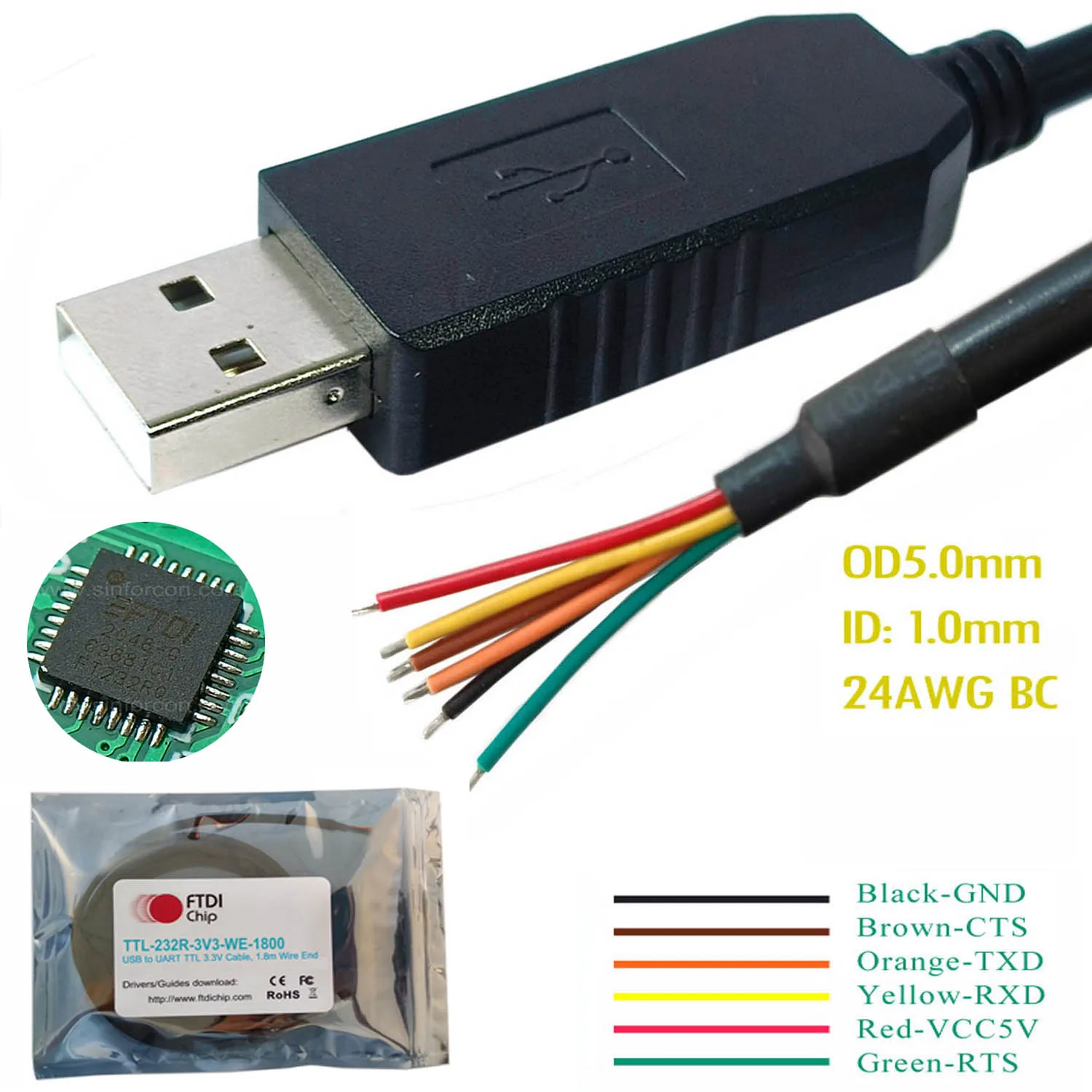 FTDI/FT232R USB to UART/TTL-232R-3V3-WE/Wire End/Open/Pigtail/Serial/Converter/Adapter/Interface/Debug/Flash/Download Cable