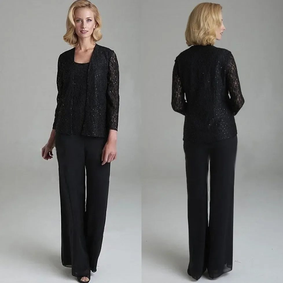 Cheap Lace Mother Of The Bride Pant Suits With Jackets Three Pieces Sequined Wedding Guest Dresses Plus Size Mothers Groom Dress
