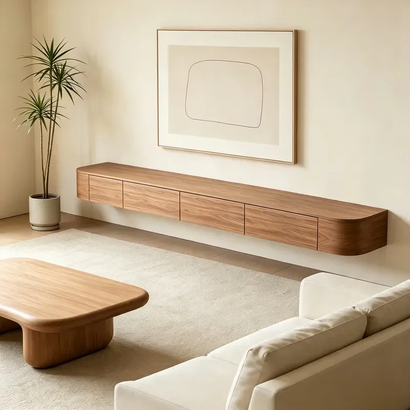 Modern Black Walnut Solid Wood TV Cabinet Wall Mounted Floating Stand Large Storage Space Simple Design For Living Room