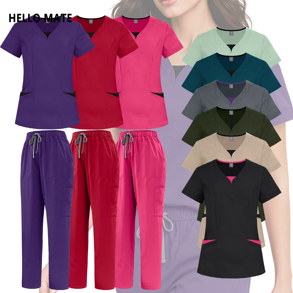 Uniforme Médico Clínico al por Mayor para Mujer, Conjunto Quirúrgico, Blusa de Laboratorio con Bolsillo, Pantalones, Ropa de Enfermería Suave para Consultorio Dental
