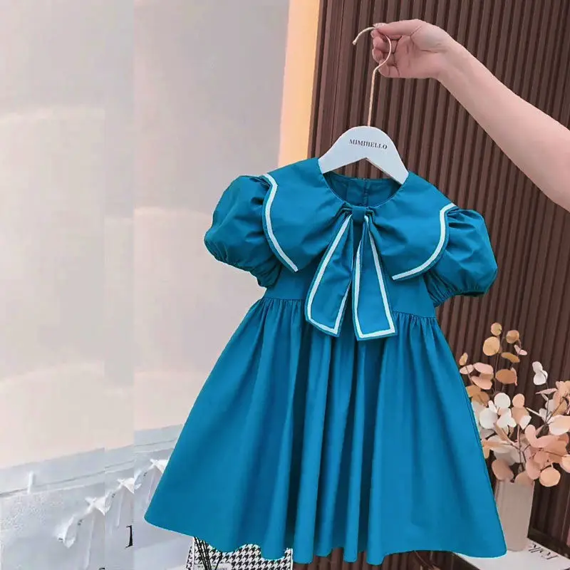 Baby Girls Dress Summer Blue Cute Puff Sleeves Elegant Princess Dress With Flowers Bow Tie Birthday Party Clothes 1-6 Years Old