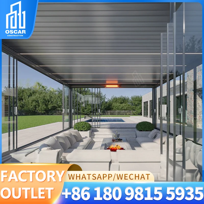 Waterproof Outdoor Party Electric Retractable Roof Pergola pvc Retractable Roof Led Lights and Roller Blinds