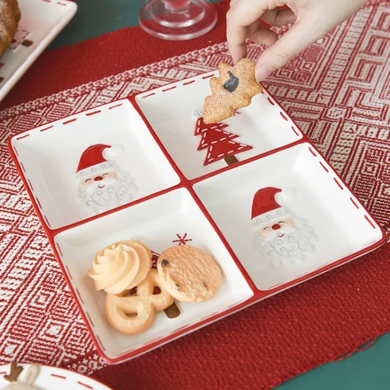 Creative Christmas Ceramic Tray Four Sections Dinner Plate Food Serving Plate Snack Fruit Household Storage Dish Tableware