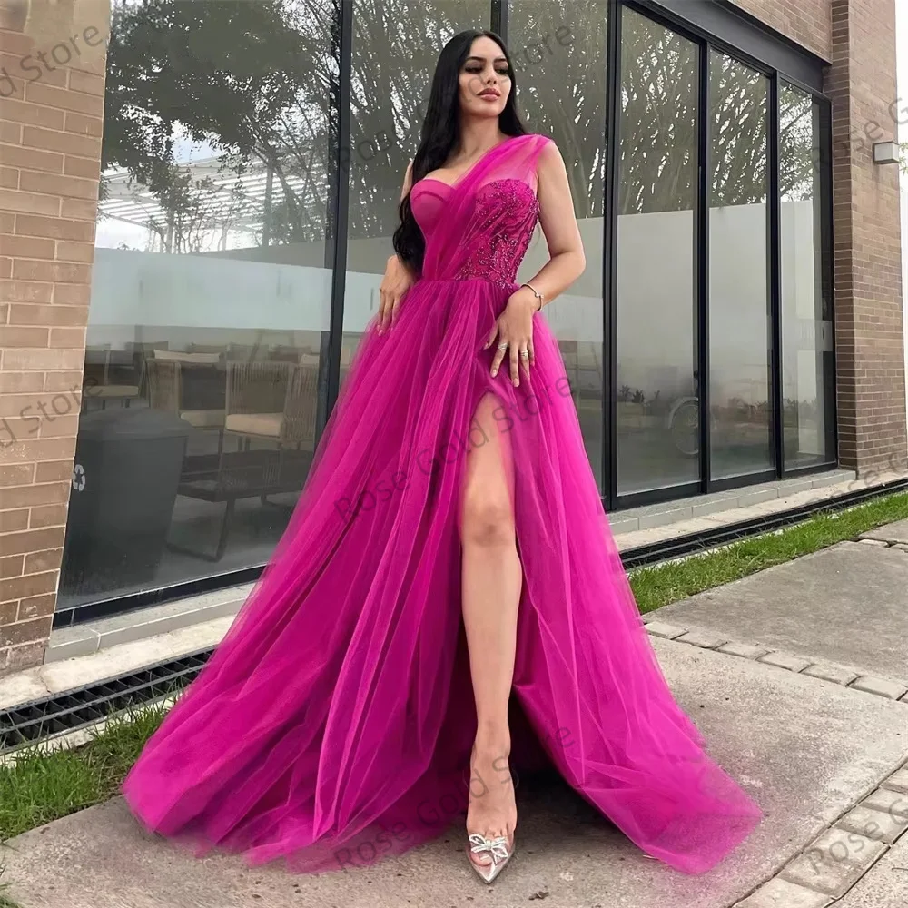 Elegnat Purple Pink Prom Dress Sexy   فساتين السهرة One Shoulder Customized Side Split Glitter Sequins On Chest Tulle Prom Gown