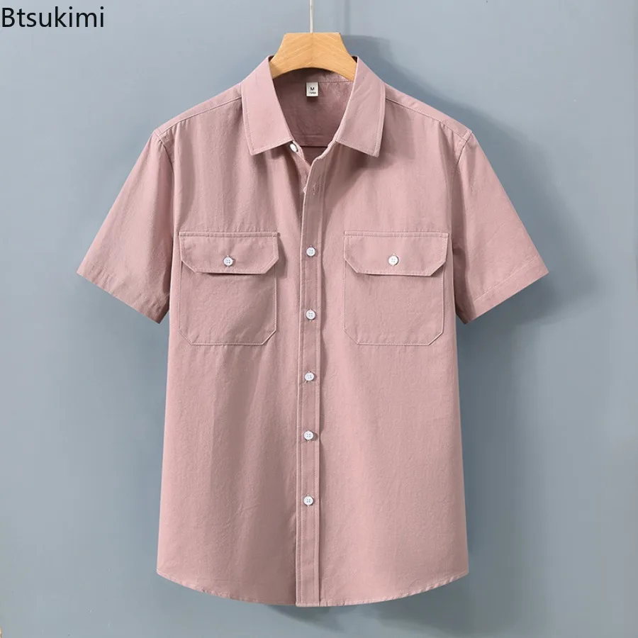 2025 Men's Summer Cotton Short Sleeve T-Shirt Solid Color Two Pockets Business Office Casual Loose Breathable Shirts Youth Top