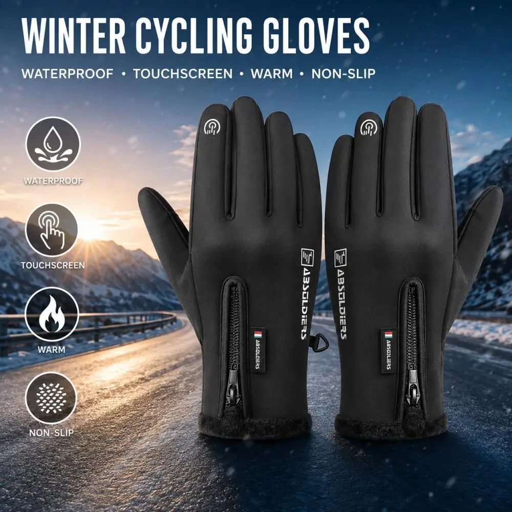 Winter Cycling Gloves with Fleece Lined Cuff Touch Screen Windproof Water Resistant Anti-Slip Zipper Warm Gloves for Men Women