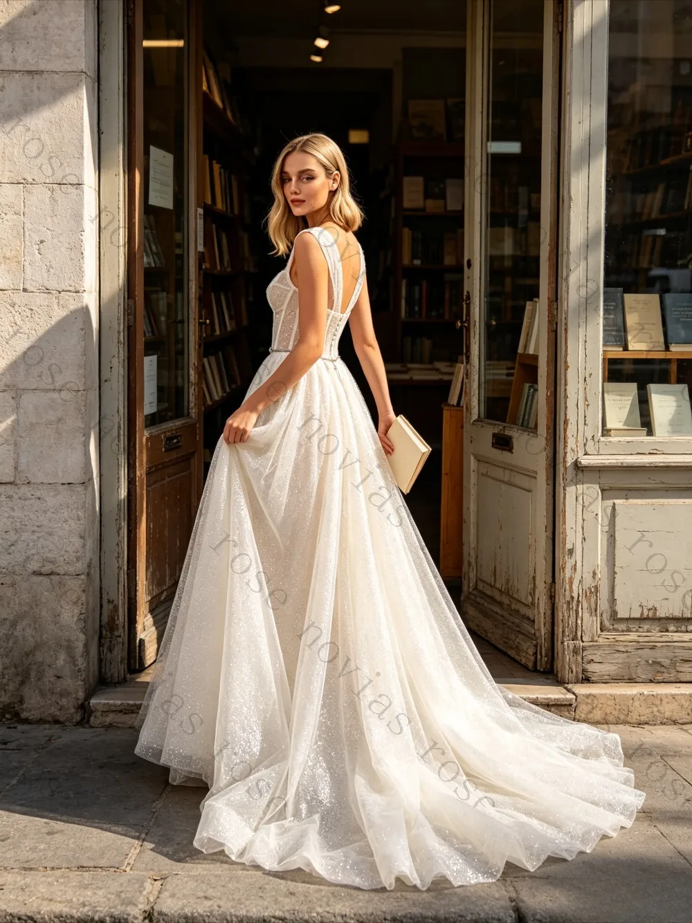 Customized Sparkle Sequin A Line Wedding Dress Deep V Neck Cap Sleeves Luxury Bridal Gown with Long Train for Ceremony Bride