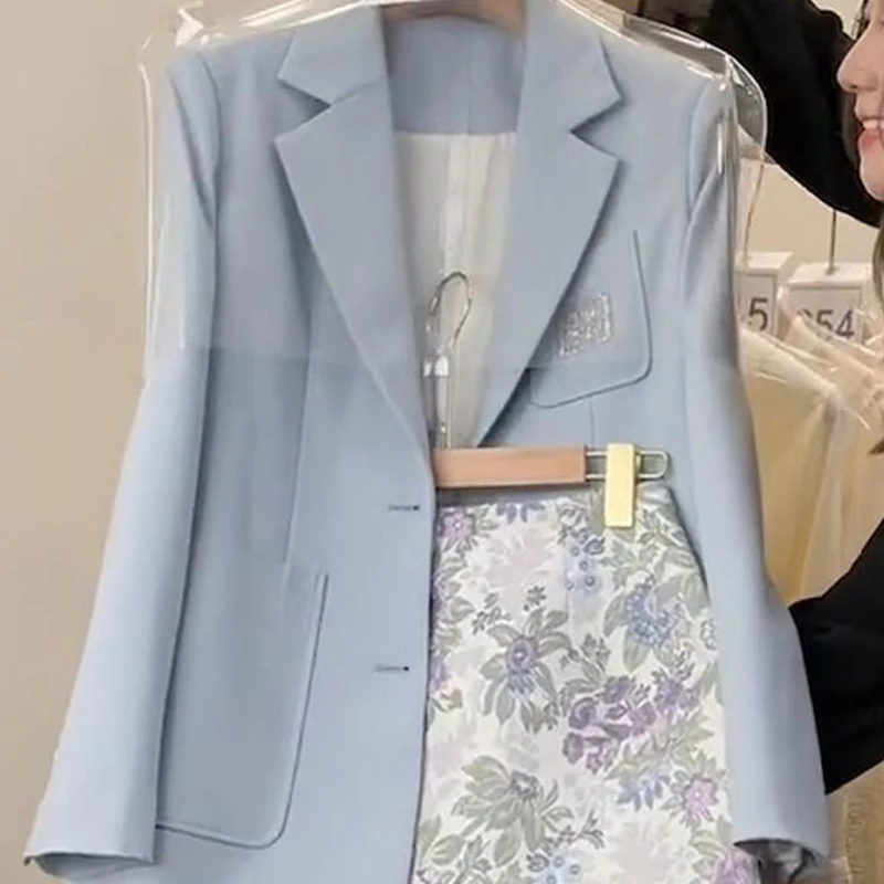 skirt sets Suit vest skirt spring new beautiful Korean blue coat printed skirt suit female sfashion sense blue suit floral skirt