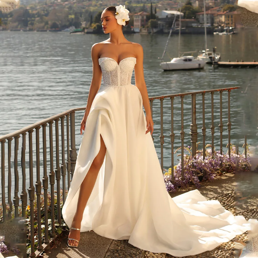 

Model Sweethert Stunning Boho Beach Wedding Dresses Pleat Side Slit Custom Made 2023 Rode De Morrie