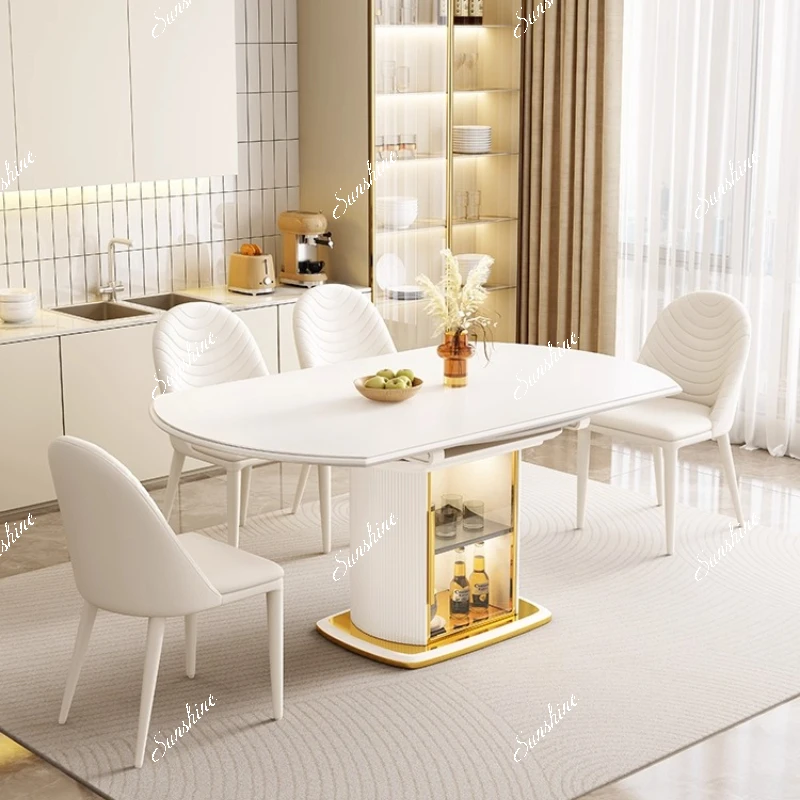 

Cream wind rock board dining table and chair combination, small household modern simple light luxury retractable