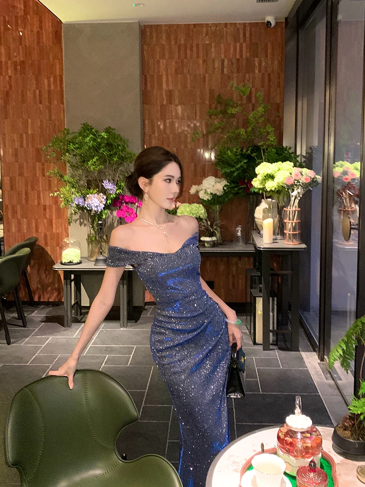 Französisches Mode-Kleid in Blau, Sexy Schulterfreies Kleid mit Schlitz, Kurzärmeliges Plissiertes Kleid, Damen Geburtstagsparty Abendkleid Langes Kleid – Detail 14