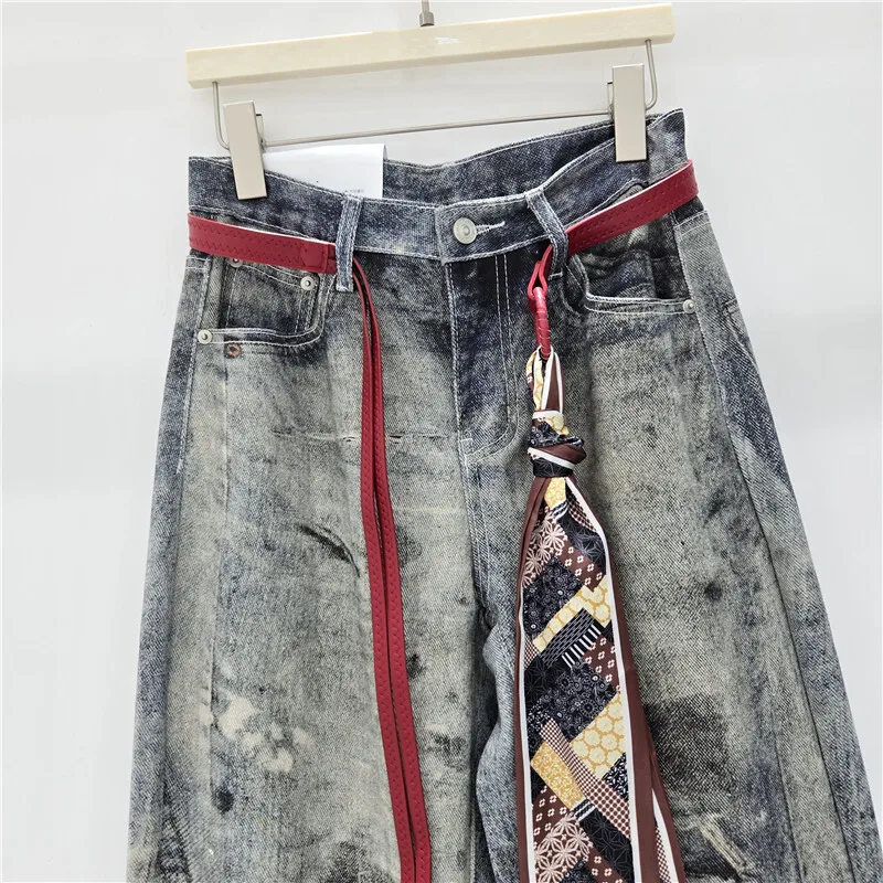 WTHT 트렌디 여성용 올드 타이다이 디자인 스트레이트 진 2025 가을 패션 하이웨이스트 벨트 데님 팬츠 여성 1LS2316