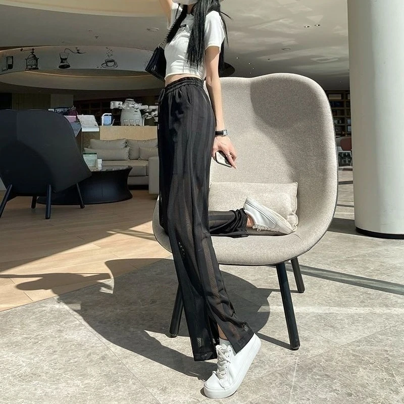 2026 New Women Wide Leg Pants Mesh Sheer Trousers Loose High Waist Long Pants Summer Spring Casual Split Hem Beach Pants