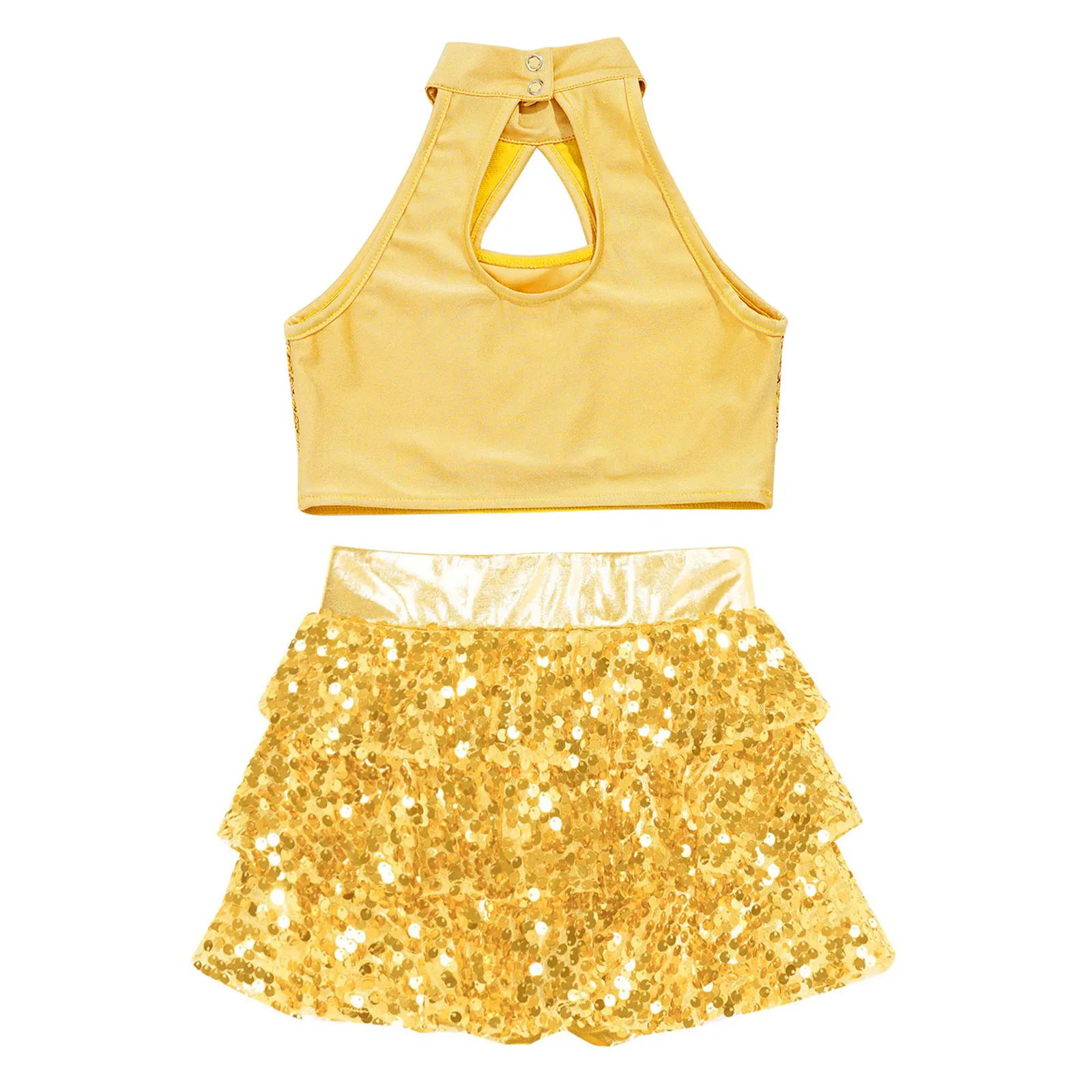 Stage Performance Sequin Crop Top para meninas, balé, jazz, dança, lantejoulas brilhantes, camadas, plissado, saia, shorts, crianças, culottes