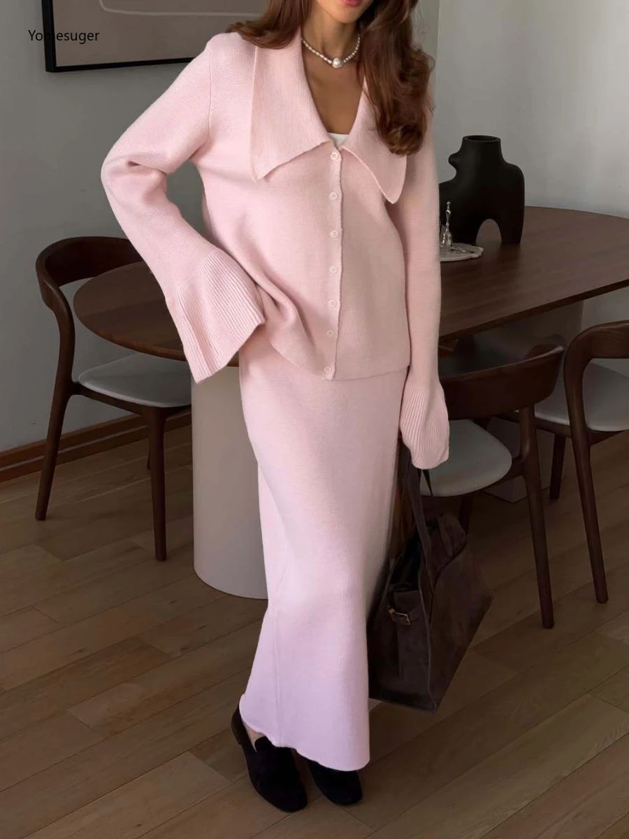 

Yomesugar, осень 2022, женский вязаный комплект из 2 предметов, элегантный кардиган с воротником-поло и длинными рукавами, топы + длинные юбки, одинаковая уличная одежда