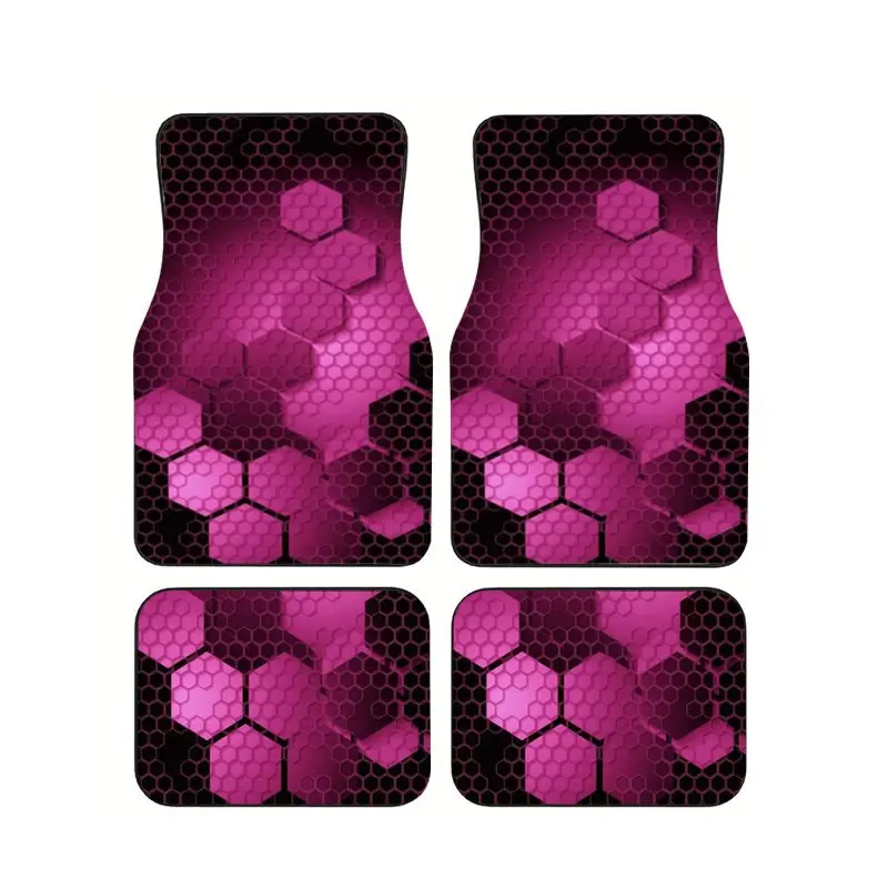 4pcs Rose Pink Honeycomb Print Car Floor Mat Universal Non-Slip Polyester Auto Floor Carpets Set Interior Accessories For SUVs