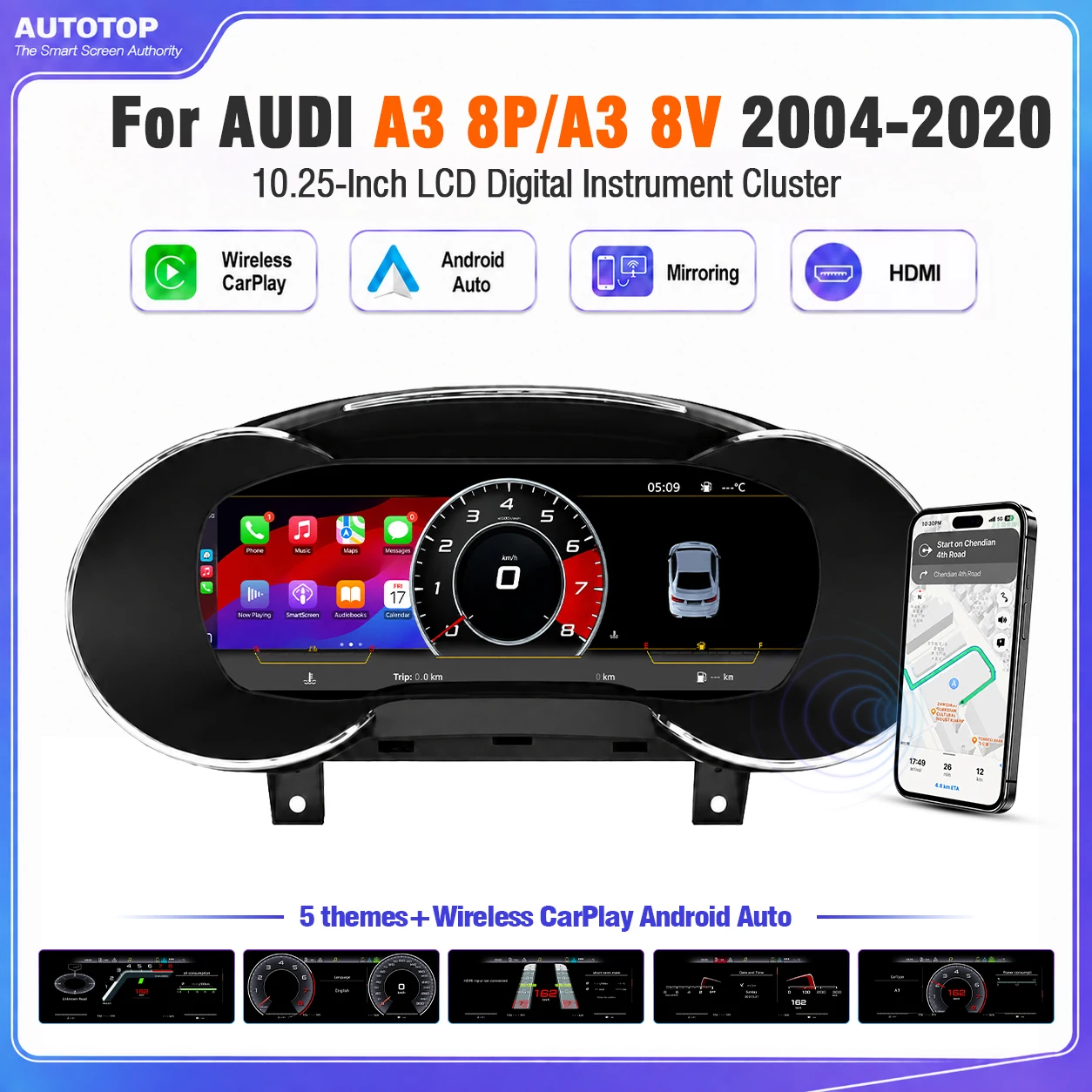 AUTOTOP Quadro strumenti digitale da 10,25" per Audi A3 8V 2012-2020/A3 8P 2004-2013, display digitale LCD 1920x720, CarPlay wireless, Android Auto, uscita HDMI, display di navigazione, informazioni