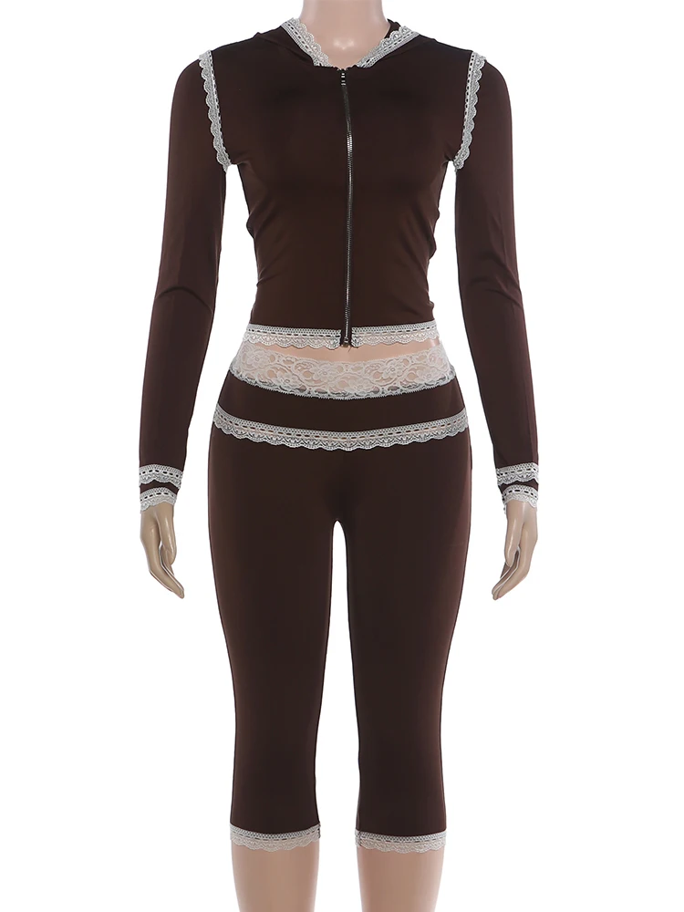 Weird Puss Spitzen-Patchwork 2-teiliges Set Damen Herbst-Trend Reißverschluss Kapuzenjacke mit langen Ärmeln + Skinny Crop-Hose High-Street-Style-Anzug – Detail 3
